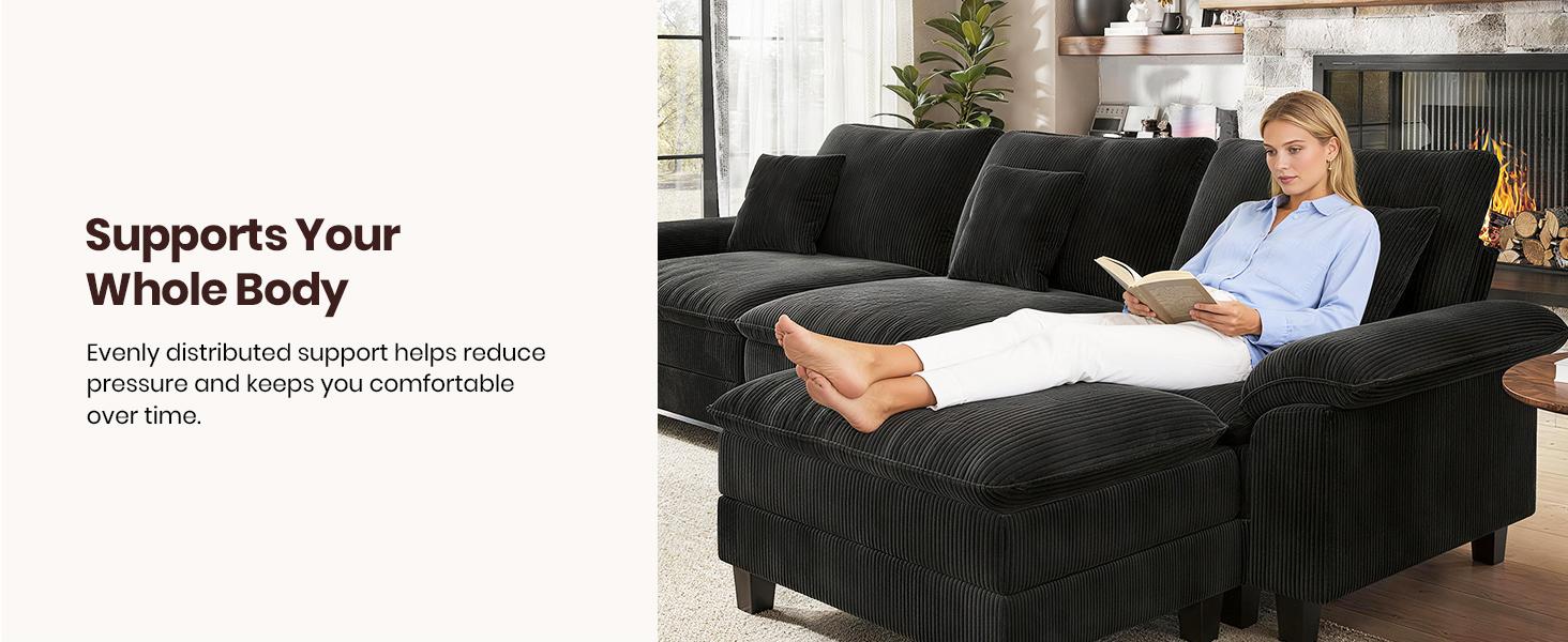 [3 Packages Shipping] 123'' Cloud Modular Couch Sofa, Oversized 3 Seat Comfy Sofa For Living Room, Sectional Couches With Ottoman, Detachable Seat Cushion & Backrest Cover, Chenille Fabric Beige