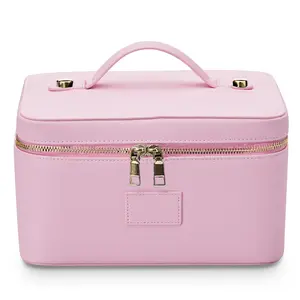 New PU Portable Cosmetic Bag with Compartment Large Capacity Pink Leather Makeup Organizer