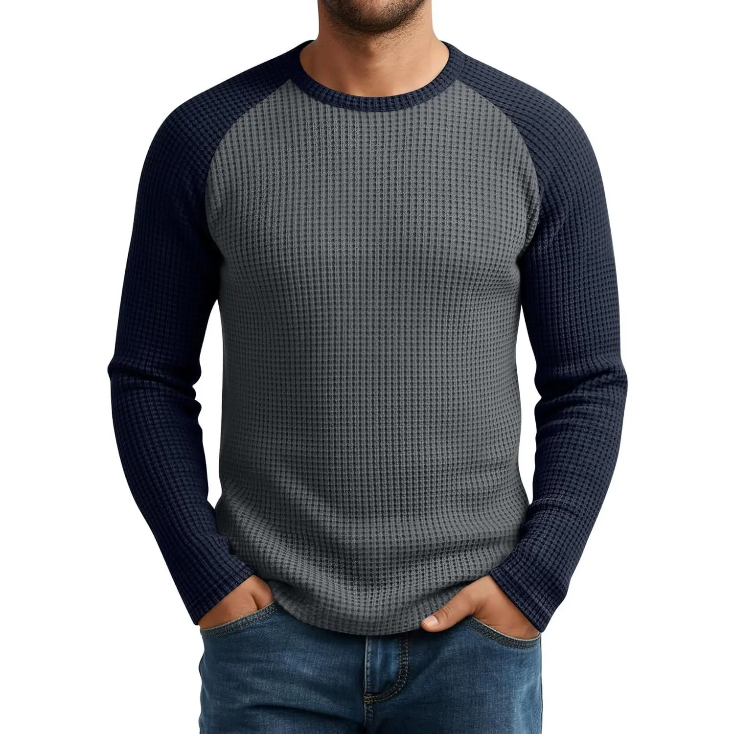 Men's Long Sleeve Thermal Waffle Shirts Crew Neck Raglan Baseball T-Shirts Color Block Pullover Undershirts