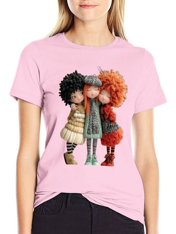 Women's Pure Cotton Halloween Graphic Tee - Fitted Style Tshirt, Best Friends Cartoon Print, Cute Aesthetic Casual Top, Gift for Her