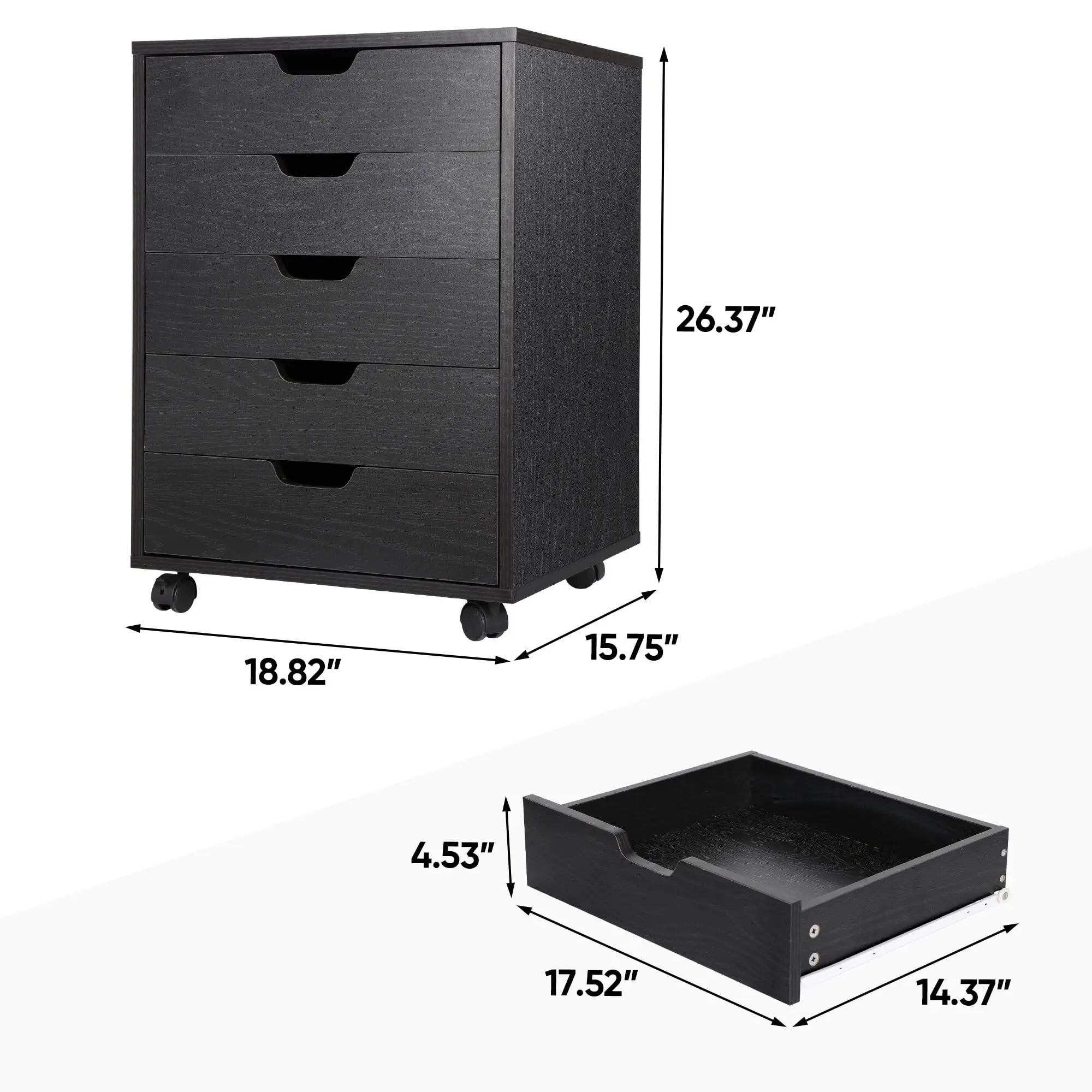 Zeny 5-Drawer MDF Wood Storage Dresser - Modern Home Organizer for Cleaning and Organizing, Closet Storage, Locking Wheeled Base with Wheel, 55lb Max Capacity, Assembly Required, Black