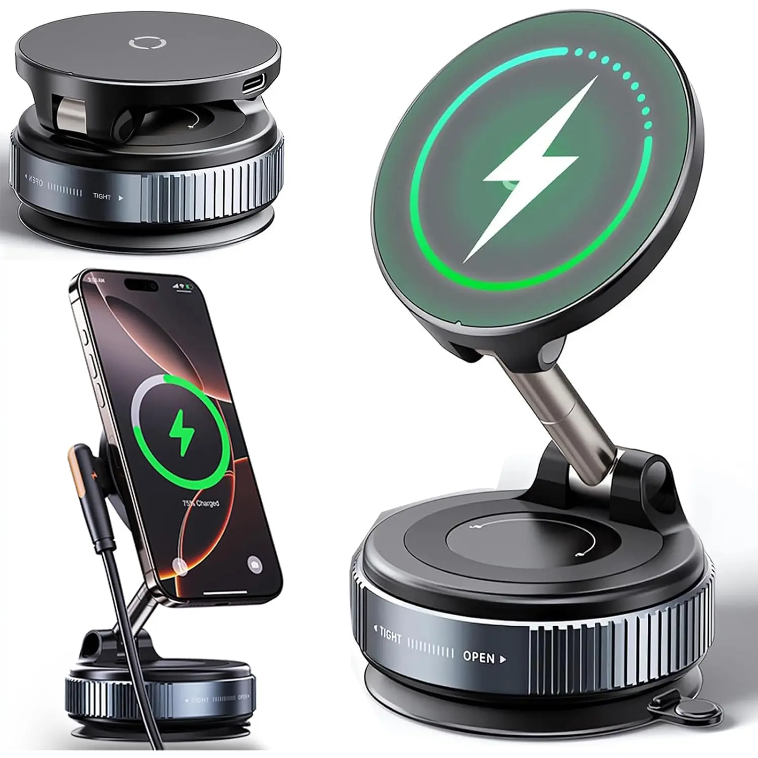 MagSafe Car Mount Charger, 15W Turbo Wireless Charging, Suction Cup Phone Mount, 360° Adjustable Vacuum Suction Magnetic Holder, Wireless Mobile Charger for iPhone 12-17 Pro Max, Car Gadgets