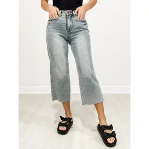 Judy Blue TANNER Mid-Rise Tummy Control Raw Hem Cropped Wide Leg Jeans