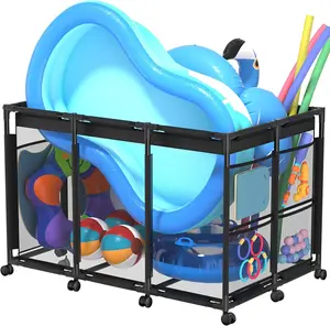 XXL Large Nylon Mesh Pool Storage Bin, Rolling Pool Float Storage Organizer for Noodles, Goggles, Floats, Balls & Swimming Equipments, Outdoor Pool Toy Storage Cart, Black