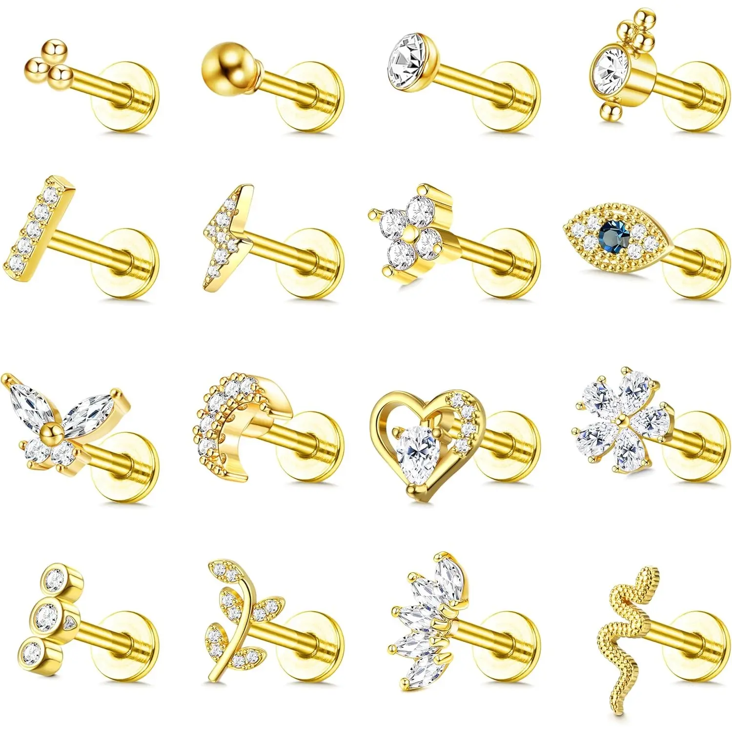 YADOCA 16Pcs 16G Hypoallergenic Surgical Steel Body Jewelry, Internally Threaded Flat Back Tragus Earrings for Women, Suitable for Medusa, Labret, Lip, Monroe, Conch, Cartilage, Nose Piercing Accessories