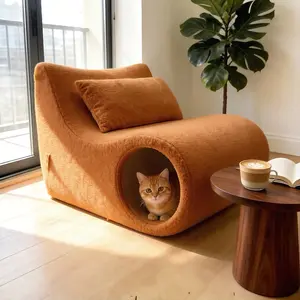 2 In 1 Boneless Human Pet Couch, Caramel Teddy Fleece Curved Lounge with Hidden Cat Cave Bed, Pet Friendly Living Room Sofa