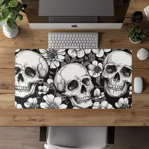 Mono Floral Skulls Desk Mat, Gothic Mousepad, Cottagecore Desk Pad, Black Aesthetic Mousepad, Dark Mouse Pad, Gaming Mousepad, Dark Academia