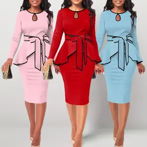 2024 women's long sleeved Midi sweater two-piece set autumn stand up collar color blocked lace up waist slim knit dress