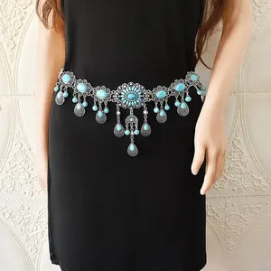 1pc Vintage Style Waist Chain Belt Inlaid Turquoise Elegant Zinc Alloy Body Chain Jewelry Dance Dress Belt Statement Piece Decoration Fashion Casual Trendy Waistband(Sheets)