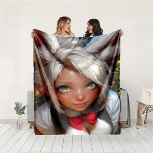 1 piece A white-haired, green-eyed girl with Christmas attire themed flannel blanket - Flannel blanket with modern design, suitable for sofas and beds, all-season use, super soft and comfortable, digitally printed pattern, 100% polyester material