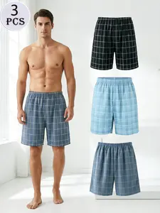 Men's Knitted Plaid Checked Sleep Pants Pajamas, Casual Loose-Fit, Comfortable Elastic Waist, 3-Pack, Ideal for Summer, Spring, Holidays, Gift Choice, Loungewear