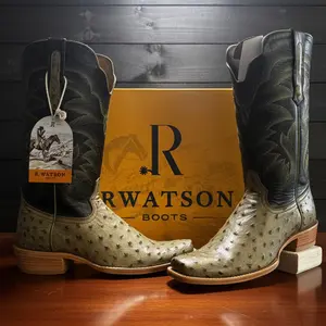 R. Watson Forrest Green Full-Quill Exotic Leather // Black Raven Cowhide Shaft Boots For Men