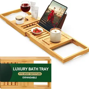 Premium Foldable Bathtub Tray - Wood Bath Tray for Tub, Bamboo Shelf, Expandable Bath Table Trays, Bathtub & Bathroom Accessories for New Home & Mothers Day & Birthday Gifts for Mom