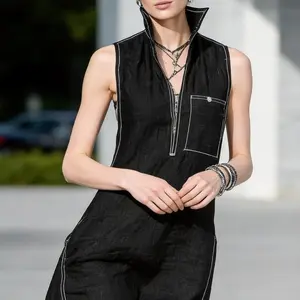 2026 new women's standing collar sleeveless casual loose cotton and linen jumpsuit