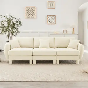 Boucle Fabric 3-seater Sofa Couch with Distinctive Shell-shaped Armrests,Cylindrical Legs Wrapped with Self-fabric,Beige Color