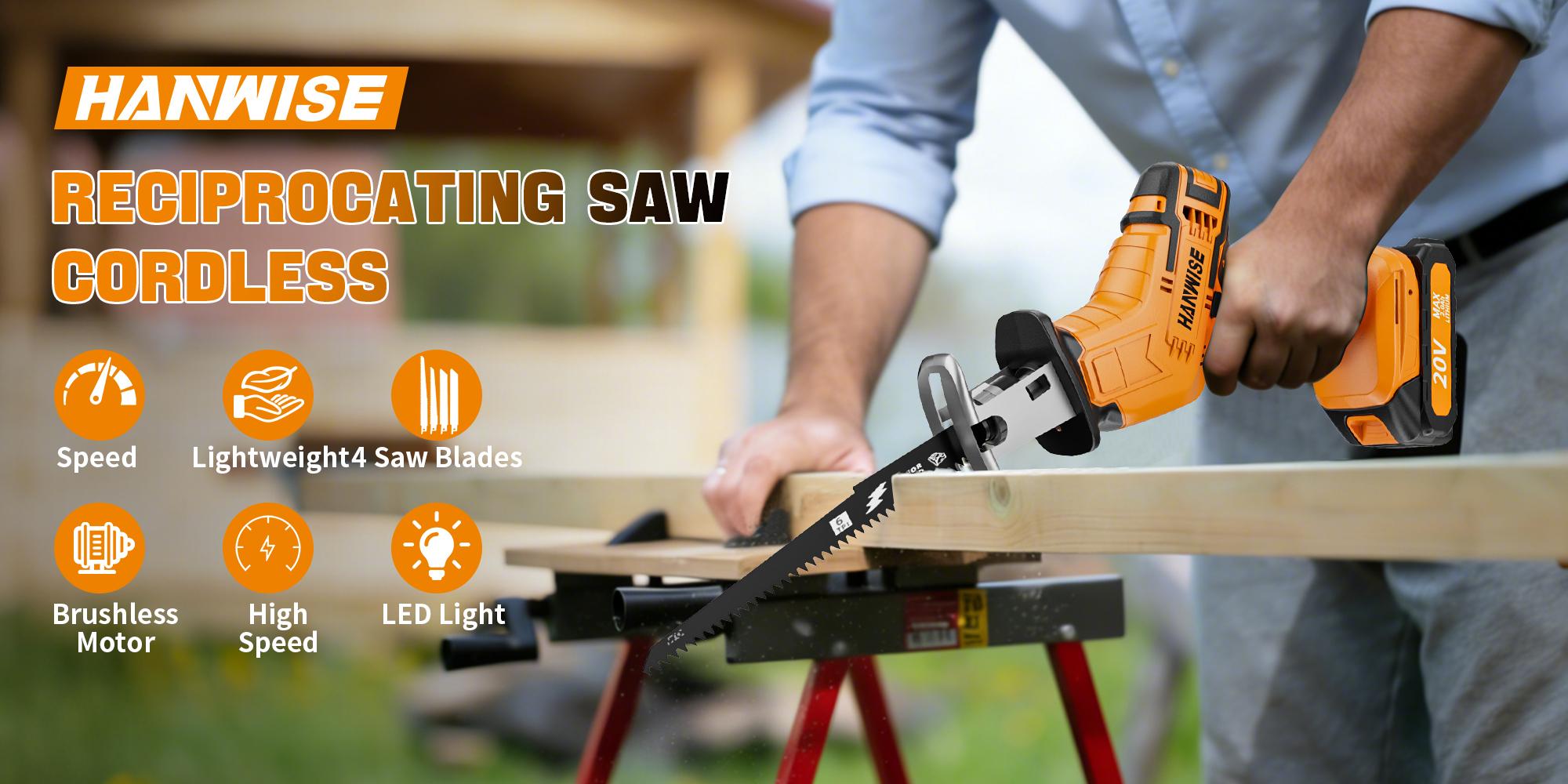 HANWISE cordless electric reciprocating saw, equipped with blade set, suitable for cutting wood/metal/PVC, with multiple functions, suitable for woodworking and home repair tools