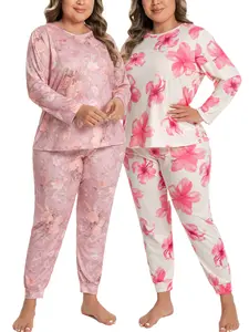 LONAGIRL CuteFloral 2-Piece Plus Size Pajama Set Long Sleeve & Pants Comfy Cozy Sleepwear 1XL-5XL Women's Lounge Wear Floral Design