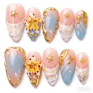 100% Handmade | 3D Almond Press-On Nails, Reusable Fake Nails with Gold Foil & Flower Design, Salon-Quality Manicure for Daily Wear & Parties