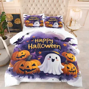Halloween Comforter Set, Cute Ghost Pumpkin Design, Happy Halloween Letters, Bat Stars Pattern, Holiday Decoration, Includes Pillowcases