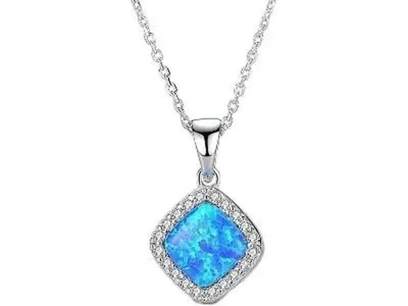 Blue Opal 925 Sterling Silver Necklace,Opal Play-of-Color Birthstone Necklace,