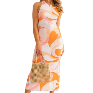 Abstract Print Midi Dress Casual Chic Sleeveless Womenswear Comfortable 