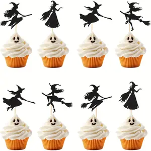 12pcs/24pcs Halloween Witch Cupcake Toppers, Black, Plastic, Cake Decoration, Cupcake Toppers, Halloween Theme for Halloween,Christmas Event & Party Supplies Halloween&Christmas