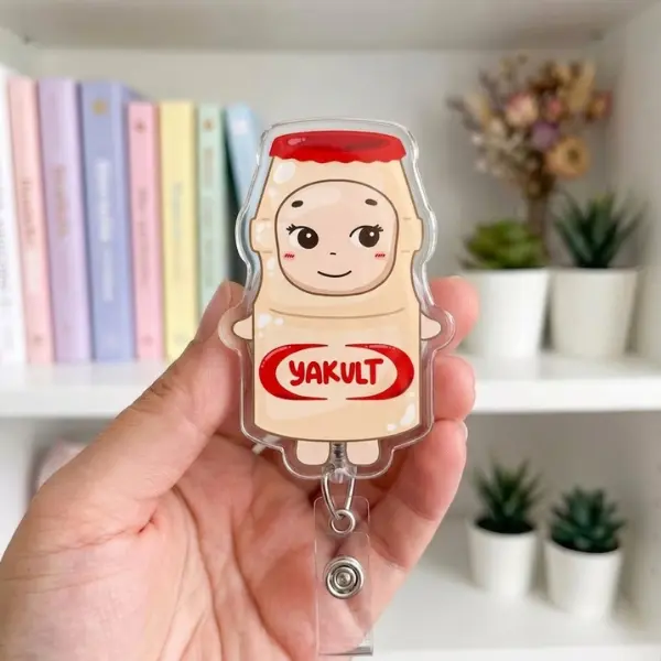 Cute Probiotic Drink Badge Reel Retractable ID Holder Kawaii Bottle Character Accessory