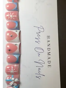 Blue Winter Press On Nails Short Pink & Baby Blue French Tips with Winter Style Bow for Stylish & Durable Glossy Finish