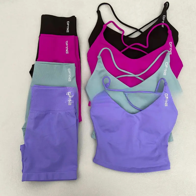 Women's DFYNE Seamless Matching Activewear Set - 3" Inseam High Waisted Scrunch Shorts, Criss Cross Back Longline V Neck Sports Bra, 2pc Sporty Chic Gym Outfit