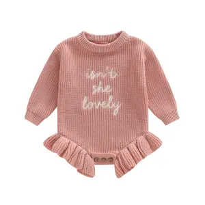 Baby Girl Sweater Romper Letter Embroidery Ruffled Knit Jumpsuit Long Sleeve Round Neck Infant Newborn Autumn Winter Warm Outfits Bodysuit
