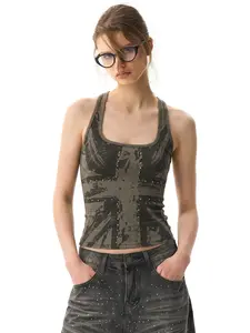 FDR Women’s Distressed Camo Flag Print Tank Top, Slim Fit Y2K Studded Graphic Top, High Stretch Soft Fabric, Sleeveless Summer Cami for Daily Wear, Workout, Casual Streetwear & Layering Outfit #Summervibes