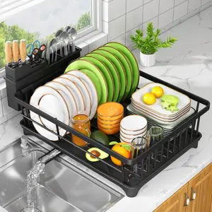 Compact Dish Drying Rack - Small Kitchen Counter Rack, Rust-Resistant Metal, Space-Saving Drainer with Removable Utensil Holder, Black