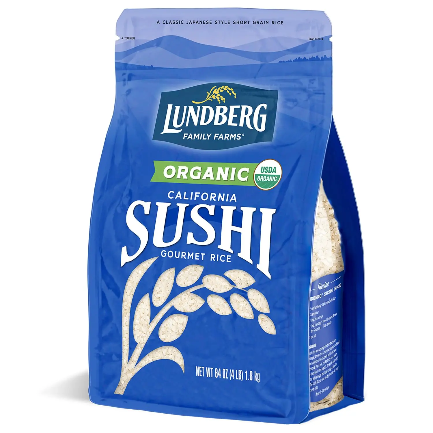 Lundberg Organic Sushi Rice, Sticky White Japanese-Style California-Grown Short Grains, 64 Oz