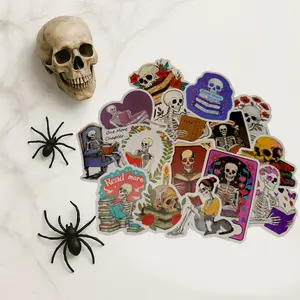 Gothic Bookish Sticker Pack 15 Pcs - Includes Skulls Skeletons and Reading Themed Designs for Book Lovers