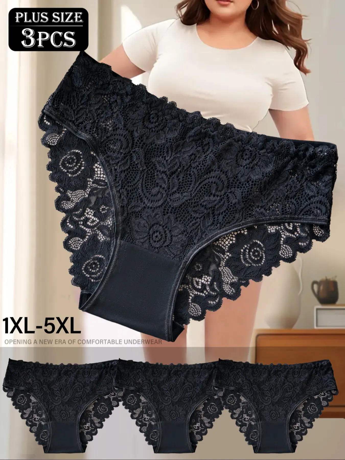 Women's Lace Underwear Set (1xl-5xl), Sexy Floral Trim Design, Comfortable & Elegant Women's Lingerie Collection, Lace Trim High Cut Panty, Fitted Knicker, Lace Panties