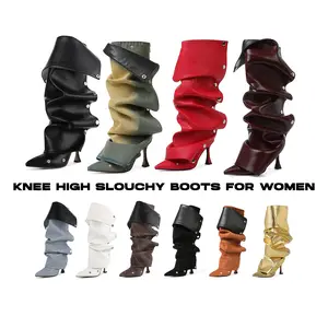 CELNEPHO Slouch Knee High Boots for Women Pointed Toe Stiletto High Heel Zipper Silver Buttons Snap off Detachable Fashion Slouchy Shark Spring Booties for Party Concert Valentine Gift Boots