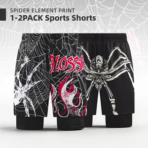 Men's 2-Pack Slim Fit Compression Quick-Dry Elastic Athletic Training Shorts Set, Double-Layer Faux Two-Piece Anti-Exposure Casual Breathable Fitness Shorts, Dark Spider Print Drawstring Waist .