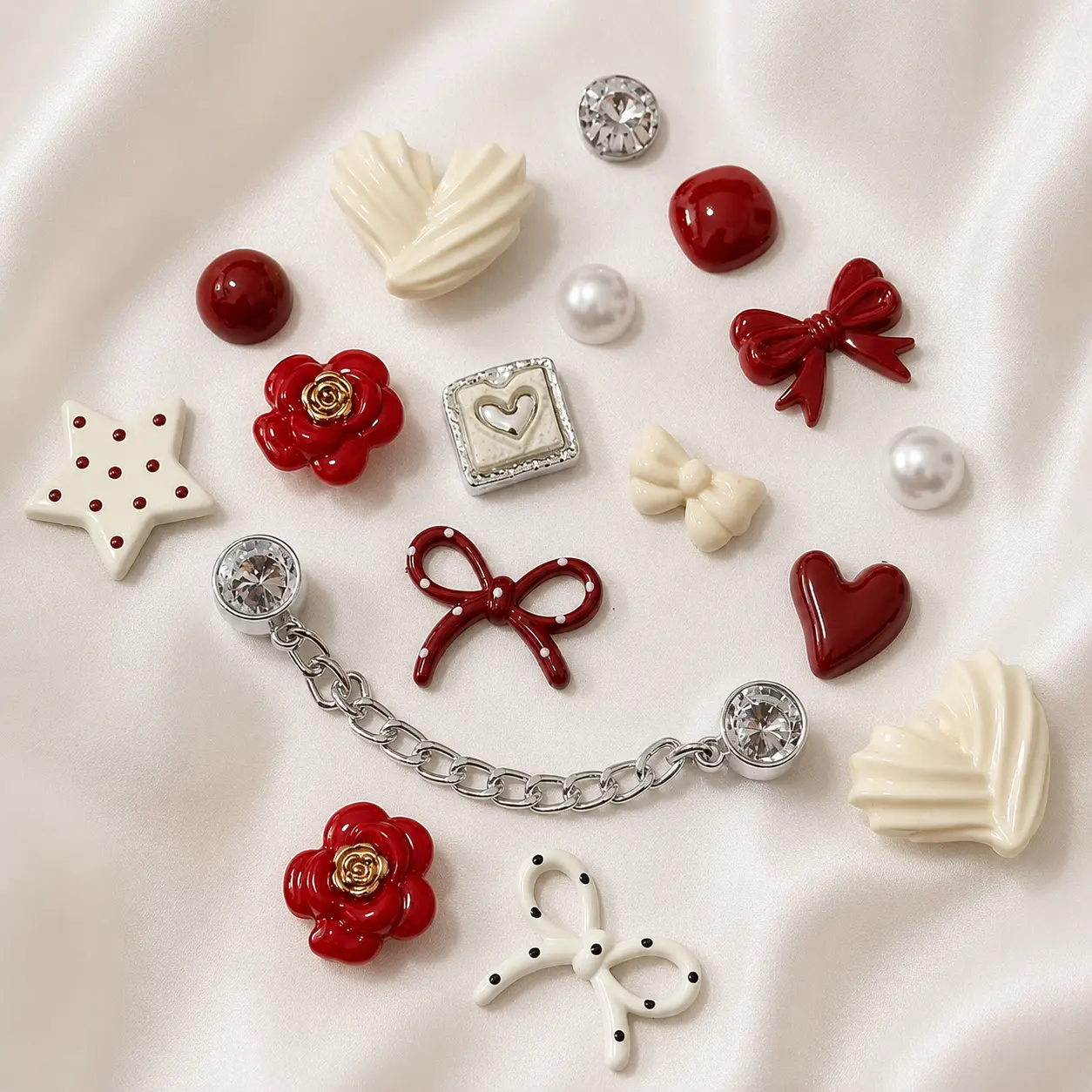 17Pcs Red & Ivory Bling Shoe Charms Set with Crystal Chain, Bow, Flower, Heart & Pearl Clog Accessories for Women