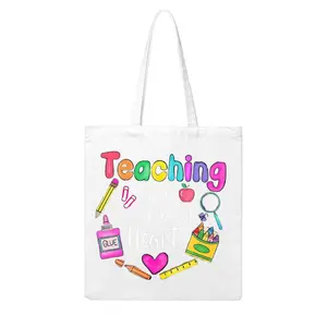 Womens Printed Canvas Tote Bag Teaching With Heart School Supplies Design For Teachers And Students Spring Summer Stylish Durable And Versatile Perfect For Any Occasion