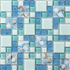 Glossy Glass Backsplash Tile Shell Inside Crackle Finish Blue Beach Style Bathroom Wall Tile Decor Kitchen Smooth Stickers