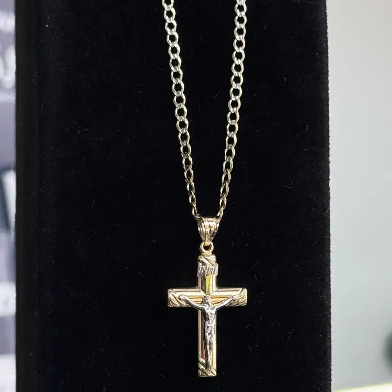 14k Gold 3mm Cuban Link Chain with Cross Pendant