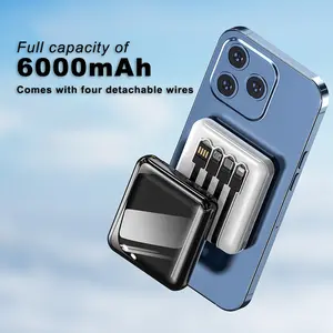 6000mAh portable charger Power Bank with a 4-in-1 integrated cable, digital display, and LED flashlight. Compatible with smartphones and tablets.