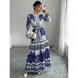 Women’s floral print belted dress, elegant round neck long sleeve A-line dress for vacation, holiday, wedding guest, ladies’ clothing for all seasons, womenswear