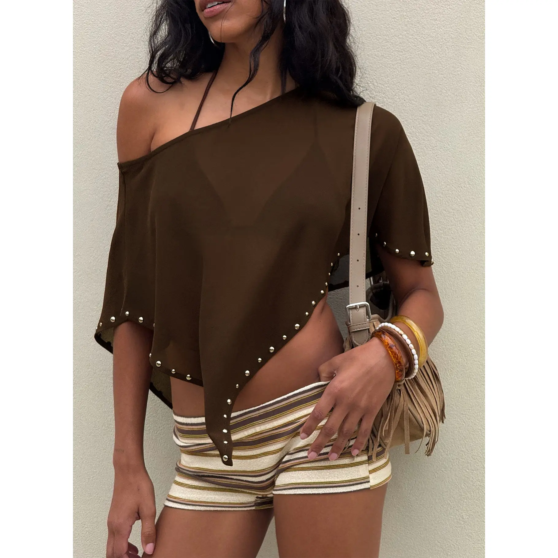 Rubez Terry Towelling Micro Shorts Brown Stripe