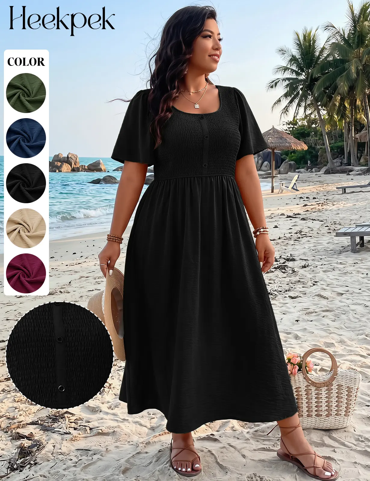 HEEKPEK Women's Crew Neck Casual Dress, Beige Dress for Women, Ready to Wear A-Line Midi with Smocked Bust and Empire Waist, Short Sleeve Crinkle Fabric Button Dress 2026