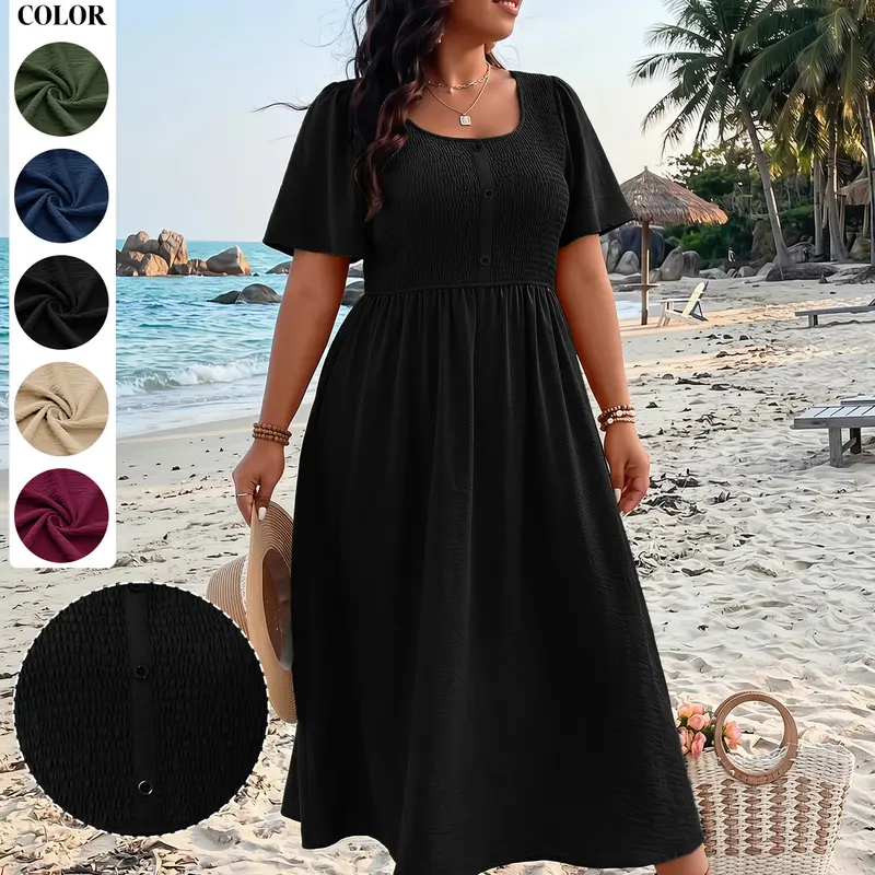 【End-of-season clearance】HEEKPEK Women's Crew Neck Casual Dress - Women's Clothes, Beige A-Line Midi with Smocked Flexible Bust for Movement, Empire Elongating Waist, Short Sleeve Crinkle Fabric, 3 Buttons Add Subtle Polish 2026