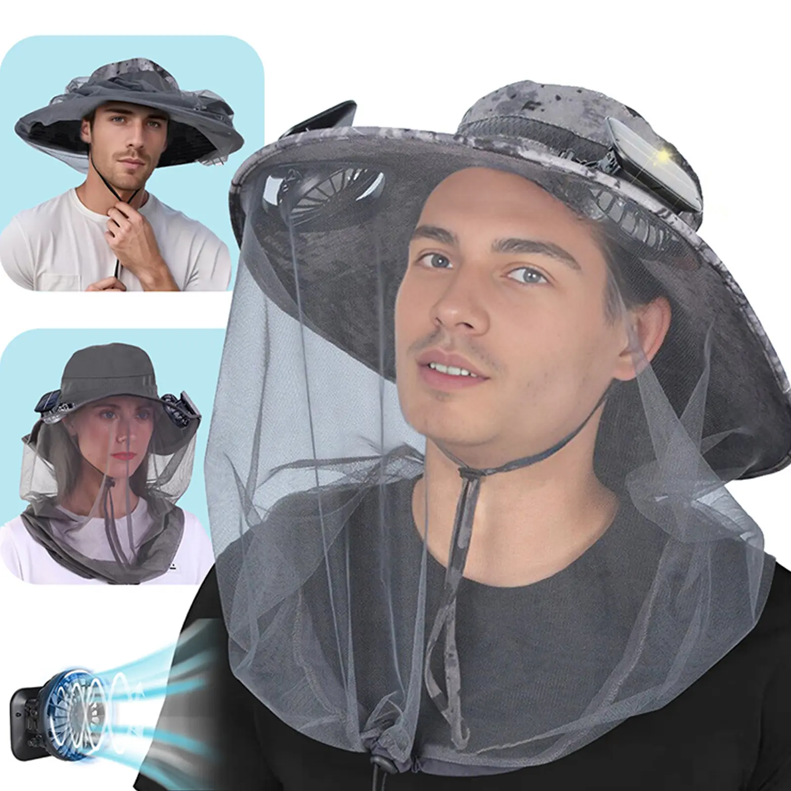 HOMEYA Solar Fan Hat with Mosquito Net, Sun Protection Rechargeable Fan Hat with Bug Net, Unisex Outdoor Bucket for Hiking, Fishing
