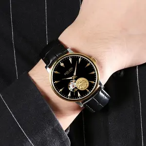 SAILANG Men's Mechanical Watch Round Alloy Skeleton Dial PU Leather Strap Calf Skin Automatic Movement Trendy Stylish Tiktok Viral luxury dress Gift