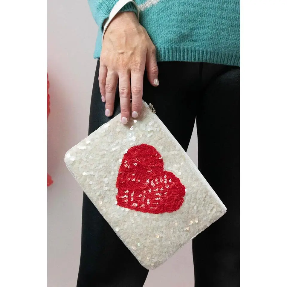 Hearts Sequin Clutch | White
