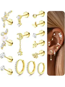 16 Gauge Cartilage Earrings for Women - 14K Gold Plated Flat Back Earrings Hypoallergenic Stainless Steel Stud Hoop Cartilage Earrings Set Fashion Earrings Daith Conch Tragus Helix Piercing Jewelry Earring Stacking Set